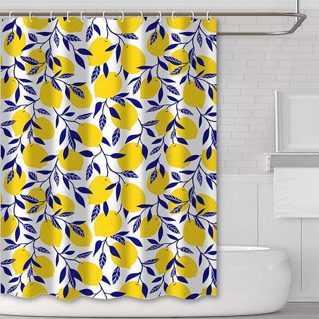 Tititex Yellow Lemon Bathroom Shower Curtain Blue Leaves White Background Waterproof Polyester Fabric Curtain