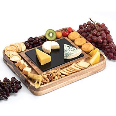 Shanik Acacia Cheese Board Set, Square Shaped Charcuterie Set, Cheese Platter with 2 Slide-Out Drawers, Stainless Steel Cutlery Set, Double Sided Marble Blade, Excellent Gift for any Occasion (Acacia)