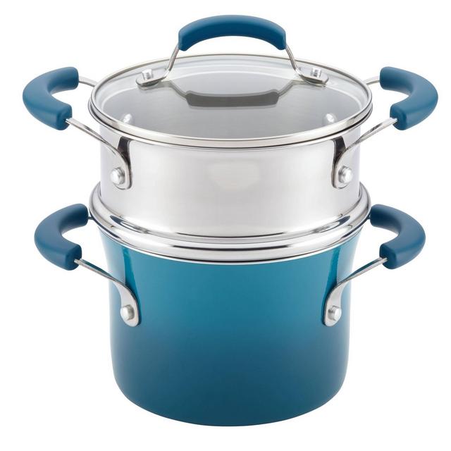 Rachael Ray 3qt Hard Enamel Aluminum Nonstick Sauce Pot with Steamer Insert Marine Blue