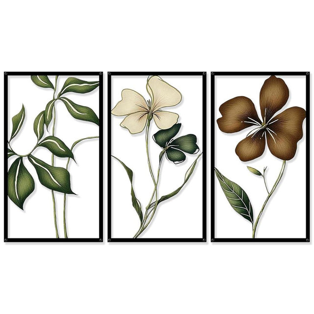 3Pcs Metal Floral Wall Art 3D Minimalist Wall Art Modern Abstract Flower Hanging Sculptures Minimalist Botanical Home Decor for Living Room Bathroom Kitchen Housewarming Gifts. (Size:17 * 9.8in)