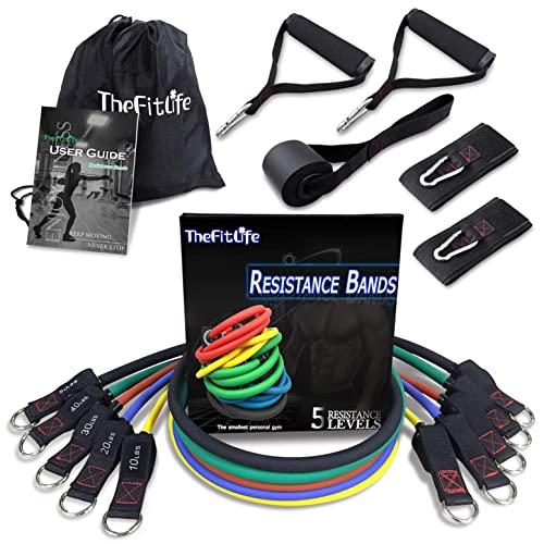 TheFitLife Exercise Resistance Bands with Handles - 5 Fitness Workout Bands, Training Tubes with Large Handles, Ankle Straps, Door Anchor Attachment, Carry Bag and Bonus eBook