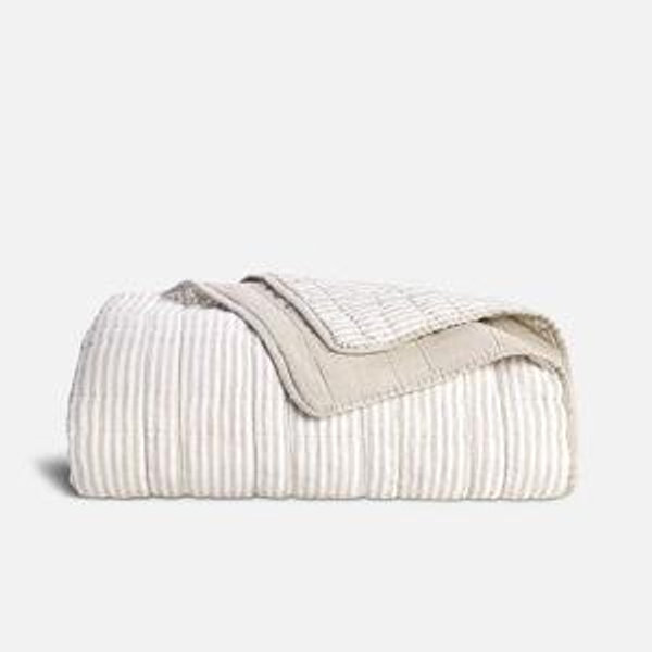 Washed European Linen Quilt - Full/Queen - Oxford Stripe in Oat Chambray