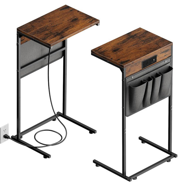 Evermagin C Shaped End Table with Charging Station Set of 2, Small Side Table for Recliner, Couch Table with Outlet and Storage Bag, Slide Under Sofa Tray Table for Living Room, Bedroom, Rustic Brown