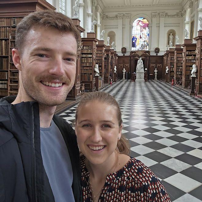 Emma visiting in England. James took her to a library at one of the Cambridge colleges.