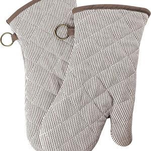 1 Pair Yarn Dyed Oven Mitts 100% Cotton Heat Resistant 470 Degree Gloves Men Women Cooking Baking Barbecue BBQ Microwave Crafting Machine Washable Pot Holders Mittens (Khaki)