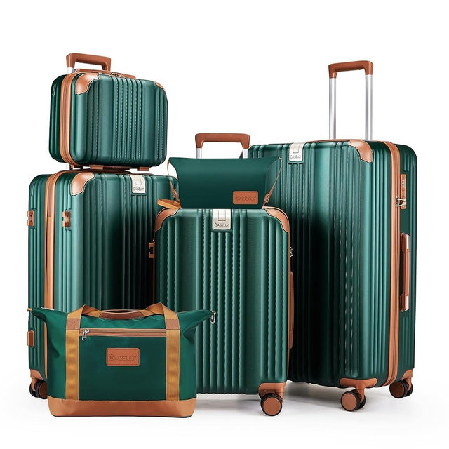 CASELLY Luggage Set 6 Piece Luggage with PC+ABS Hardshell TSA Lock Spinner Wheels Carry on Lightweight Suitcase Cup Holder，YKK Zippers (Dark Green, 6 piece sets（14/20/24/28/DB/TB）)