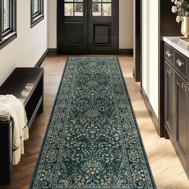 Woaboy Washable 2.6x8 Runner Area Rug, Hallway Kitchen Bedroom Beside Laundry Room Bathroom Rug，Non-Slip Low Pile Stain Resistant Soft Carpet for Vintage Boho Floral Home Decor Dark Green/Navy/Black