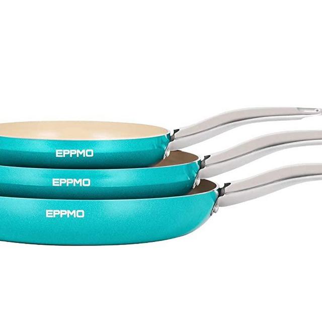 EPPMO Non-stick Skillet 3 Piece Set, Blue Aluminum Frying Pan Set with Non Toxic Ceramic Coating, Cookware Set with Stable Stainless Steel Handle, Induction Available, PFOA Free, 8 &10 &12 Inch
