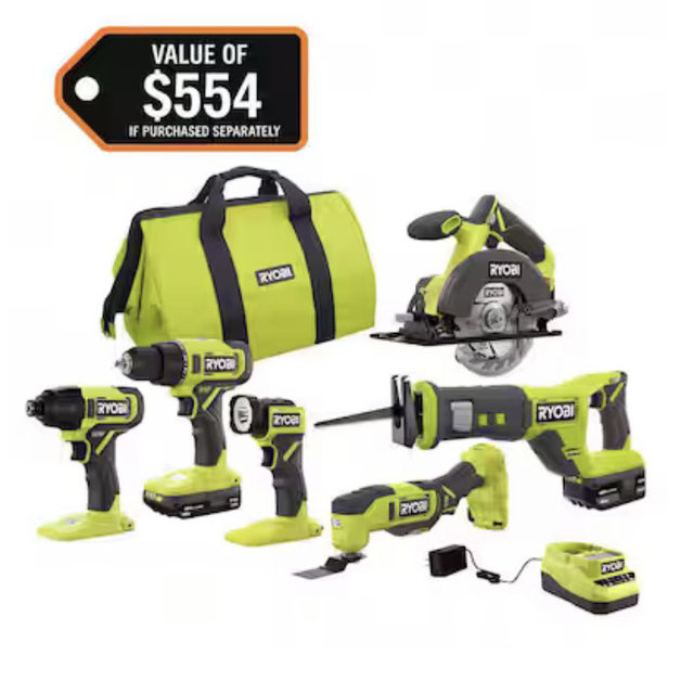 RYOBI ONE+ 18V Cordless 6-Tool Combo Kit with Compact Battery, 4.0 Ah Battery, and Charger PCL1600K2