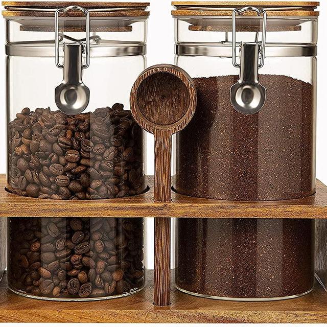 Yangbaga Glass Coffee Containers with Shelf, 2 x 45 oz Coffee Bean Storage with Airtight Locking Clamp and Log Spoon, Large Capacity Food Storage Jar for Kitchen