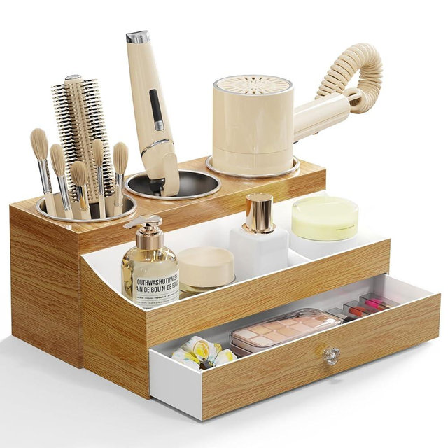 GFWARE Acrylic Hair Dryer Holder with Drawer, Bathroom Organizer Countertop Drawers with 3 Stainless Cups, Makeup Vanity Accessories, Hair Hot Tools Organizer, Toiletry, Wood