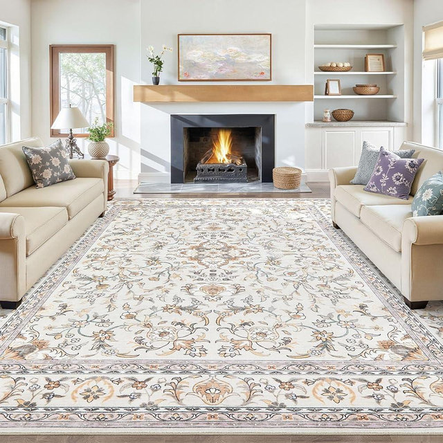 Tortania Area Rug Living Room Rugs: 9x12 Washable Vintage Floral Oriental Farmhouse Large Thin Indoor Carpet for Bedroom Under Dining Table Home Office - Beige/Ivory