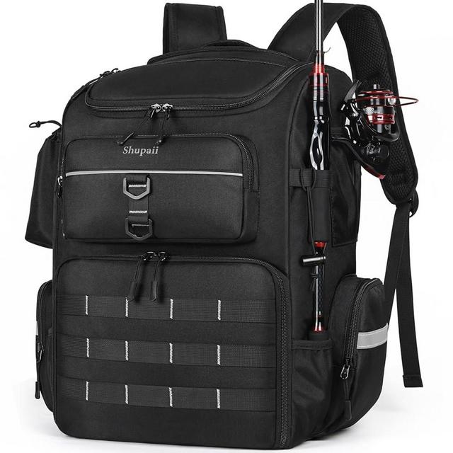 Shupaii Fishing Backpack with Rod Holders, 45L Large Water-Resistant Fishing Tackle Box Backpack,Storage Bag for Fishing Gear, Camping, Hiking