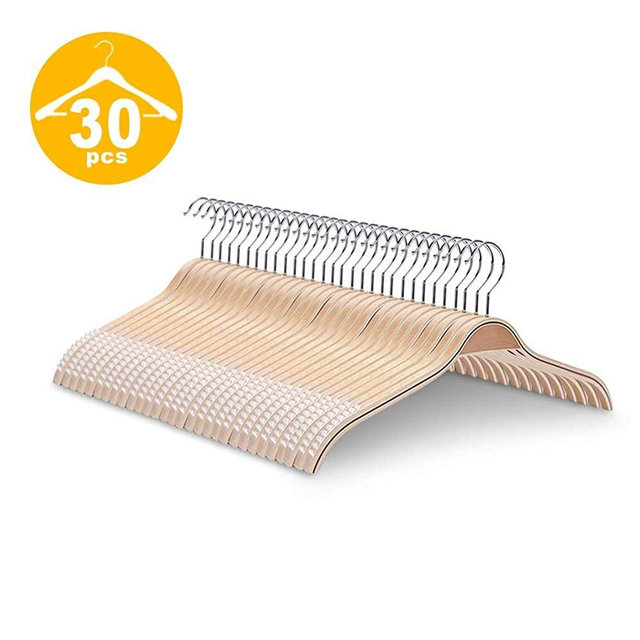 JS HANGER Lightweight Non Slip Wooden Hangers - 30 Pack Heavy Duty Wood Coat Hangers with Soft Stripes for Camisole, Jacket, Dress Clothes, Sweater, Natural Finish