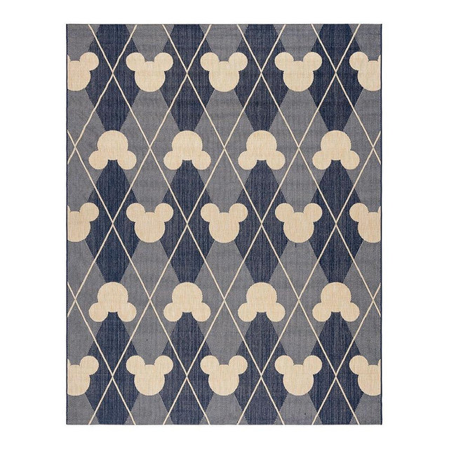 Gertmenian Disney Mickey Mouse Indoor Outdoor Area Rug - 9x13 Extra Large, Ideal for Deck, Patio, Sunroom - Diamond Tile Beige Navy, 29060