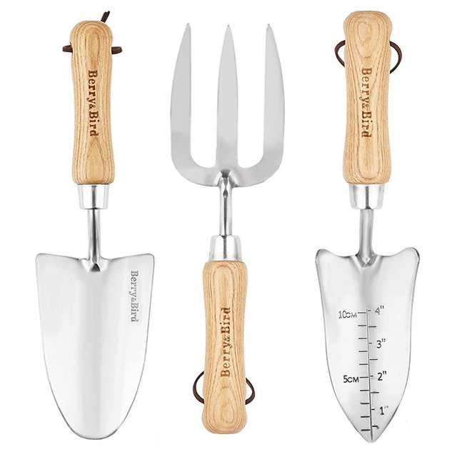 Berry&Bird Garden Tool Set- 3PCS Stainless Steel Gardening Tool Sets with Wooden Handle Trowel Weeding Fork & Digging Shovel Hand Tool Kit for Planting, Ideal Gardening Gift for Women & Men