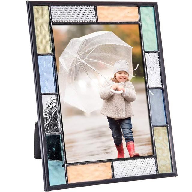 J Devlin Pic 412 Series Stained Glass Picture Frame Pastel Blue Green Peach Aqua 4x6 Easel Back