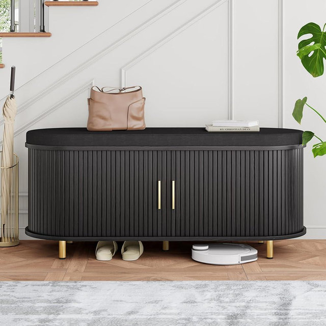 DHH 2-Tier Storage Bench,Wide Shoe Bench with Thickened Padded Seat Cushion, Mid Century Modern Fluted Sliding Door and Adjustable Shelf, for Entryway, Living Room, Bedroom (Black, 43.3“)