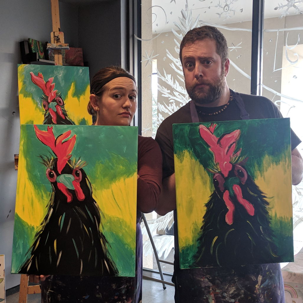 Wine & painting Carl the rooster.
