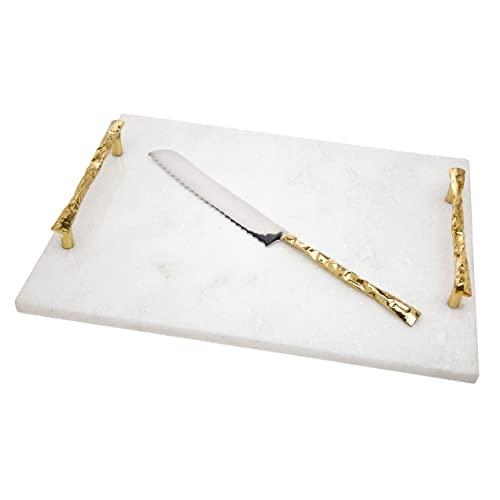 Harper Marble Challah, Cutting, Carving Board with Gold Trim – Includes Knife