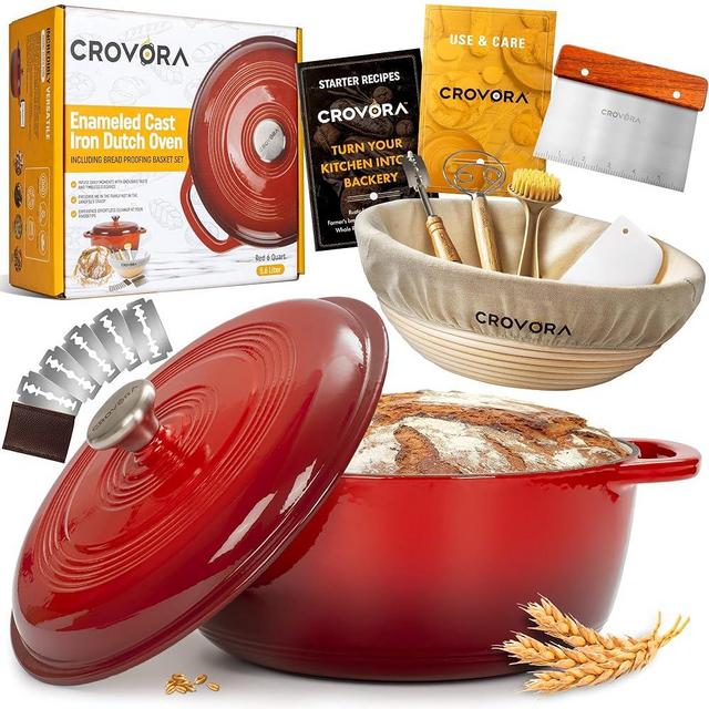 Crovora 6 Quart Enameled Cast Iron Dutch Oven Pot with Lid + 10" Banneton Bread Proofing Basket set, Dutch Oven for Bread Baking & Cooking with Dual Handles, Sourdough Bread Baking Supplies (Red)