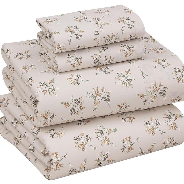 RUVANTI 100% Cotton Sheets – California King Percale Bedding, Cooling & Breathable Floral Design, Durable with a Crisp, Soft & Comfortable Feel, 14" Deep Pocket, 4-Piece Set, Twin Spring