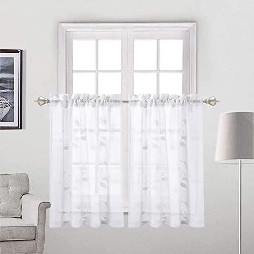 Haperlare White Sheer Kitchen Tiers Curtains, Leaves Pattern Sheer Short Bathroom Window Curtain, Floral Embroidered Half Window Covering Voile Tier Curtains, 26" x 36", Set of 2