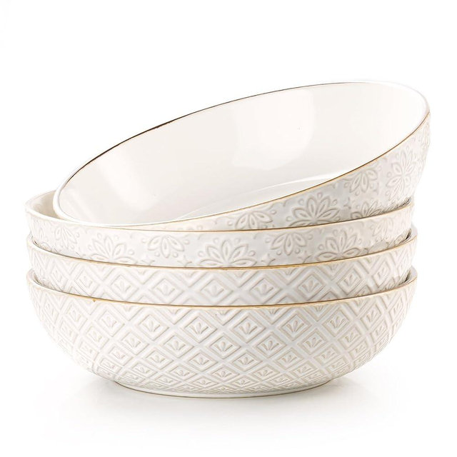 Dafuceramic 36 oz Pasta Bowl Set of 4 with Embossed Reactive Glaze, 8.5" Arctic white Ceramic Dinner Bowls, for Pasta, Fruits, Salad, Noodle, Microwave & Dishwasher Safe, Housewarming Gift