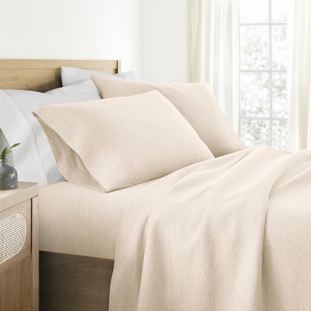 100% Cotton Jersey Sheets Set - Soft, Breathable, Deep Pockets, Easy Care - 4 Pieces - Becky Cameron, Oatmeal, King