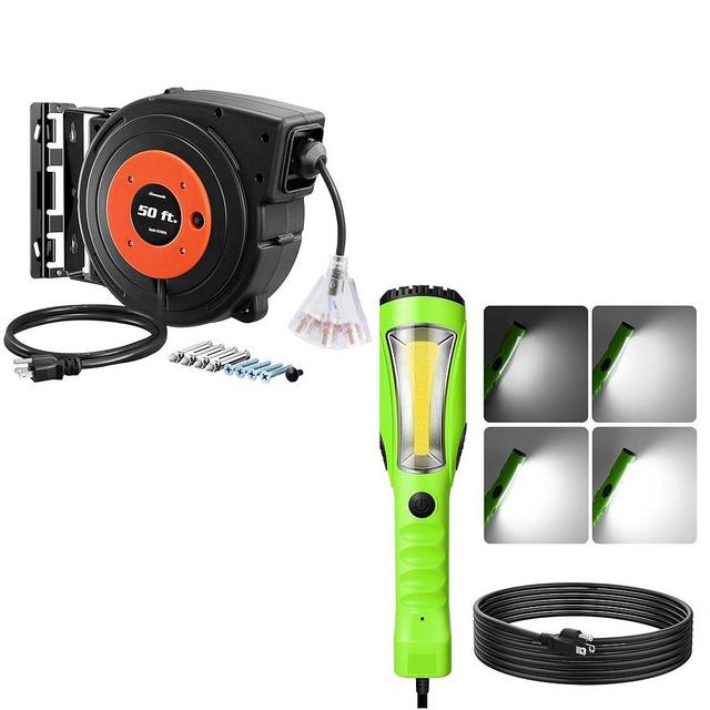 DEWENWILS 50FT Retractable Extension Cord Reel with LED Dimmable Work Light, Heavy Duty Power Cord with Trouble Light (15 feet), Handheld Corded Work Light for Garage, Workshop, Car Repair Scene