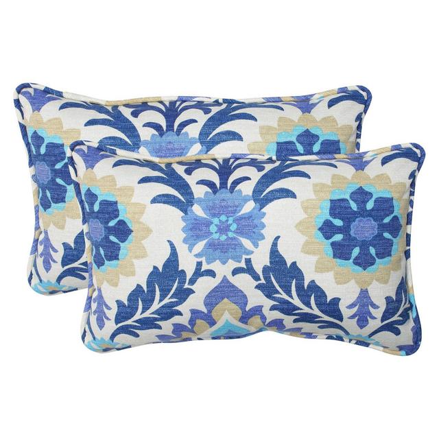2pc Rectangular Outdoor Decorative Throw Pillow Set - Blue/White Damask - Pillow Perfect