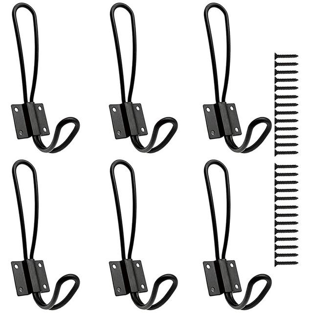 Rustic Entryway Hooks-6 Pack Farmhouse Hooks with Metal Screws Included,Black Decorative Wall Mounted Rustic Coat Hooks Rack, Double Vintage Organizer Hanging Wire Hook Clothes Hanger