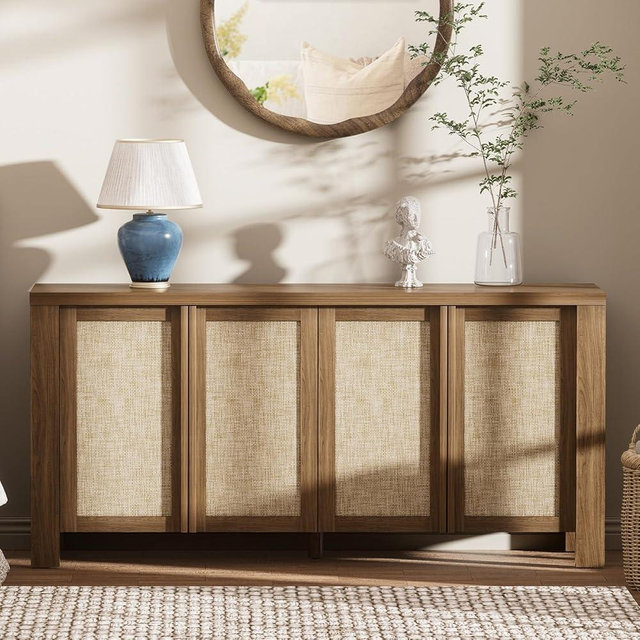 Brafab Rattan Sideboard Buffet Cabinet with Storage, 63" Large 4-Door Credenza Coffee Bar Cabinet with Adjustable Shelves, Wood Modern Accent Cabinets for Kitchen, Living Room, Hallway, Natural Walnut