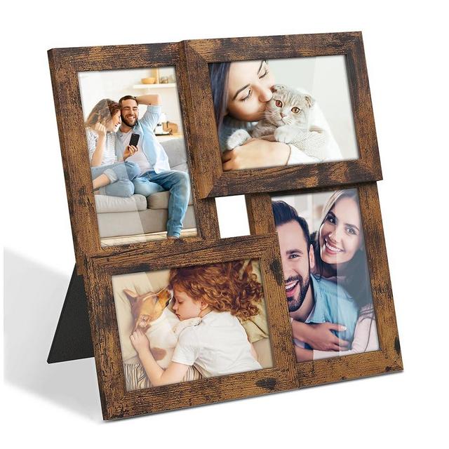 SONGMICS 4x6 Collage Picture Frames, Family Photo Collage Frame Set of 4 for Wall Decor, Glass Front, Wall Hanging or Tabletop, Rustic Brown