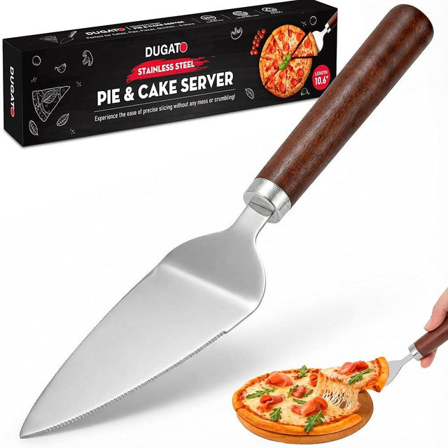 Dugato Pie & Cake Server with Wooden Handle – Stainless Steel Serrated Dessert Spatula for Cutting & Serving Clean Slices – Durable, Food-Safe Kitchen Tool for Cakes, Pizza, Quiche & More
