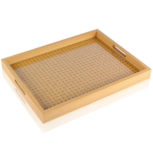 Rattan Rectangular Service Trays, Leather Surface Tray Food Drinks Tray,with Handles for Coffee Table, Breakfast, Dinner & Bar,Kitchen,Party（15.3×11.5×1.8inch）