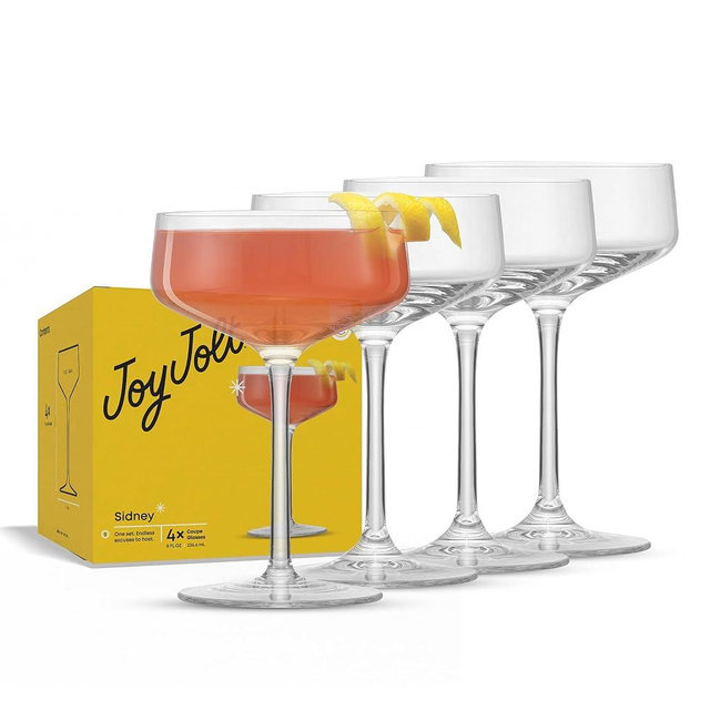 JoyJolt Sidney Cocktail Coupe Glasses Set of 4 | 8 oz Martini Glasses for Espresso Martini, Margarita, Champagne | Stemmed Bar Glass Set | Premium Crystal Made in Europe