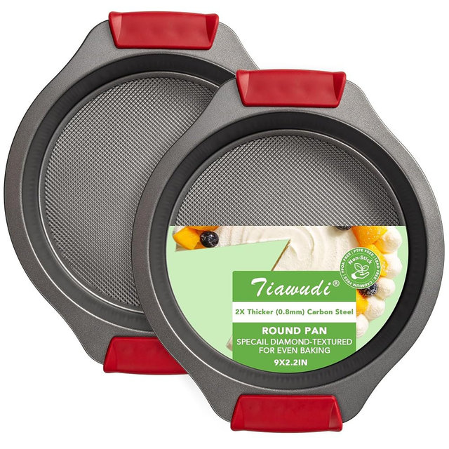 Tiawudi 9" Round Cake Pan Set of 2, 0.8mm Thick Heavy Duty Bakeware for Tiered & Layered Cakes, Nonstick Baking Pan with Diamond Texture for Even Heating, Cake Mold with Silicone Grip Handles