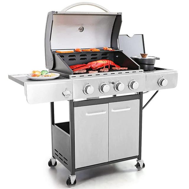 Captiva Designs 4-Burners Propane BBQ Grill with Side Burner, 42,000 BTU Output Stainless Steel Propane Grill with Iron Cast Grates, 542 sq.in. Grilling Areas