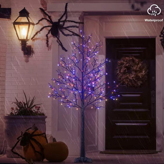 Lightshare 6 ft. Pre-decorated LED Pirate Halloween Yard Decorations Lighted Tree Artificial Black Spooky Tree Purple & Orange GJSHS6FT-OP