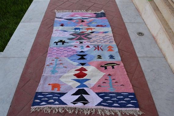 Azilal Moroccan Boucherouite kilim rugs  carpet,berber rug 200 cm* 98 cm  / 79 inch * 38.5 inch Christmas gift