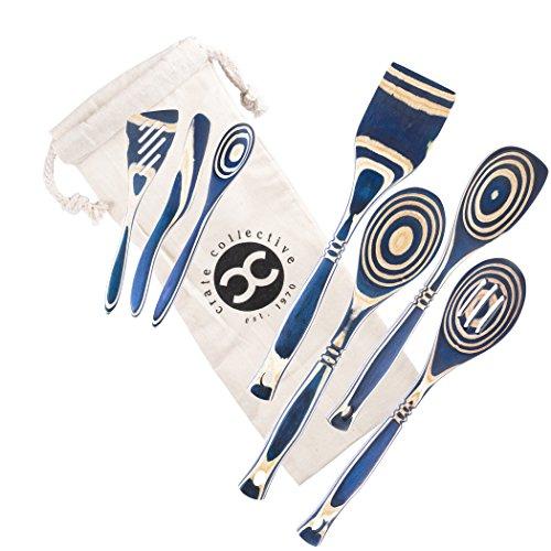 Exotic Pakkawood 7-Piece Kitchen Utensil Set with Spoon, Slotted Spoon, Spatula, Corner Spoon, Small Spoon, Small Spatula/Turner, Spreader - Earth Friendly Material - by Crate Collective (Cobalt)