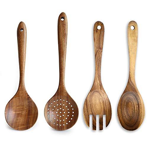 4 Pcs Luxury Acacia Wood Cooking Spoons Set-Mixing Spoon, Salad Fork, Slotted Spoon, Serving Spoon-Wooden Kitchen Utensil Tools Gadgets