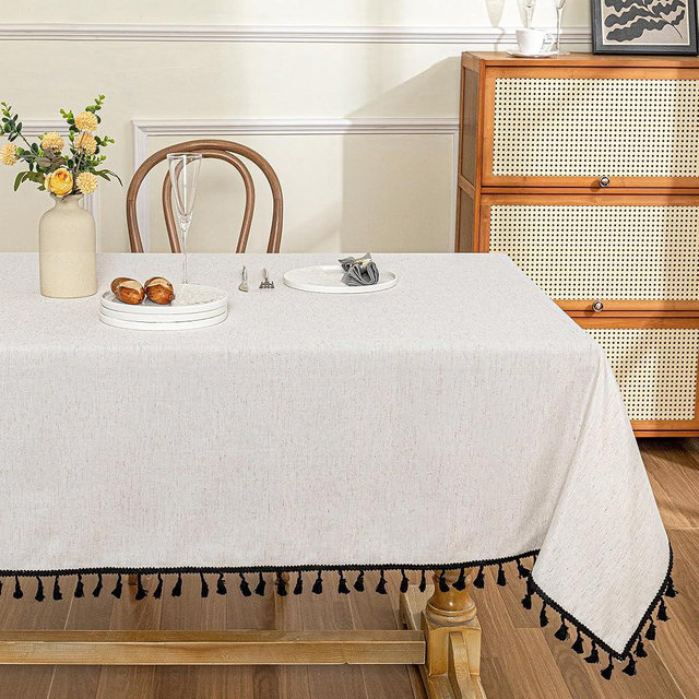 MYSKY HOME Table Cloth 60x120 in Rectangle, Heavy Duty Cotton Tassel Linen Look Waterproof Tablecloths Farmhouse Tablecloth, Wrinkle Free Table Cover with Black Tassels for Kitchen Dining, Party