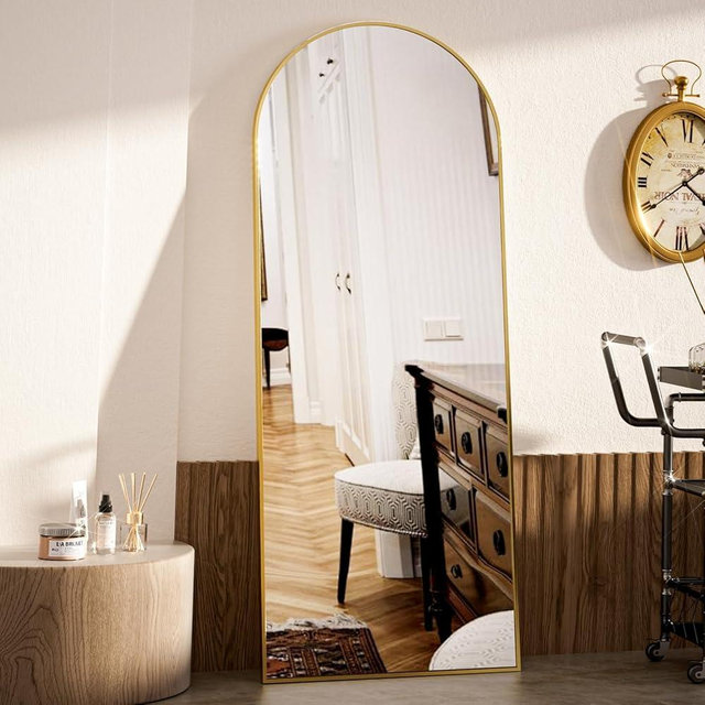 VooBang Arch Mirror Full Length, 26" x 71" Floor Mirror with Stand, Aluminum Alloy Frame Full Body Mirror, Standing Hanging or Leaning Against Wall for Bedroom and Living Room, Gold