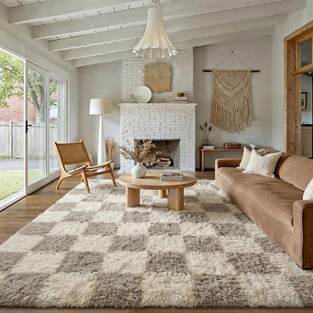 PureCozy Checkered Rug 8x10 for Living Room, Modern Grey Shag Rug Shag Rug Washable Non-Slip Large Area Rug Super Soft Indoor Fuzzy Carpet Fluffy Rugs for Bedroom Home Aesthetic Decor