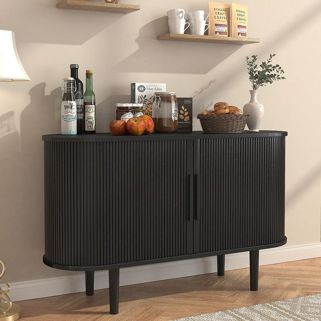 BOMETAO 47'' Sideboard Tambour Storage Cabinet, Buffet Cabinet with Storage, Storage Cabinet with Tambour Sliding Doors and Handles, Fluted Buffet Cabinets for Kitchen, Living Room, Black