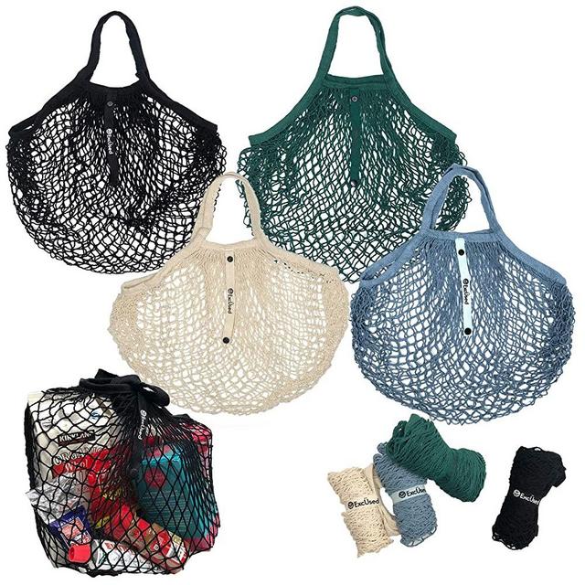 4 Pack of Mesh Cotton Net Grocery Bag, Natural Cotton String Mesh! Washable, Stretchable, Reusable, Foldable Shopping Bag!