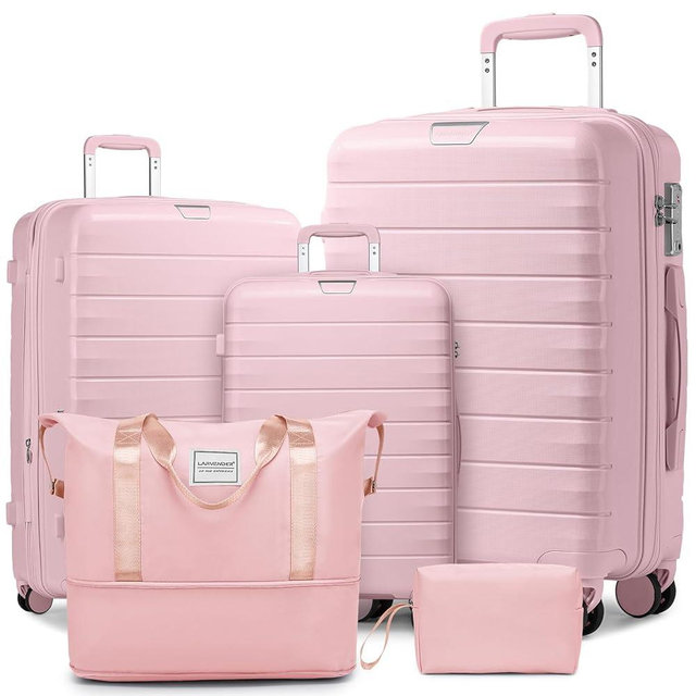 LARVENDER Luggage Sets 5 Piece with Duffel Bag Expandable(Only 28 inch) Hardside PP Carry On Luggage with 360° Spinner Wheels TSA Lock Luggage Sets for Women, Orchid Pink