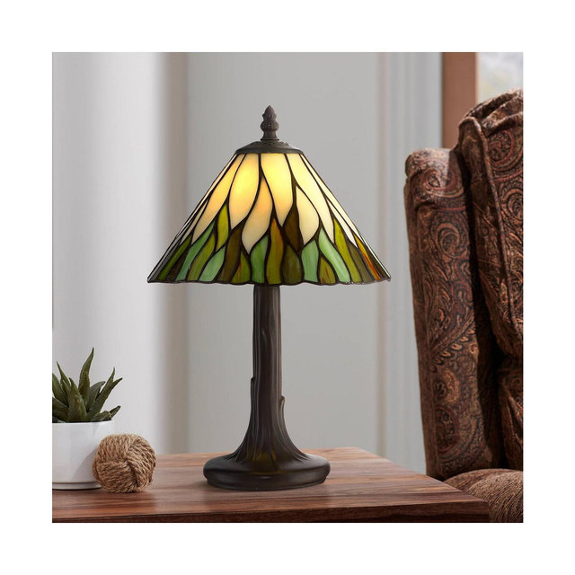 Foglia Cottage Antique Tiffany Style Mini Accent Table Lamp 14 1/2" High Brown Tree Bark Green Yellow Stained Glass Shade Decor for Bedroom House Bedside Nightstand Home Office - Robert Louis Tiffany